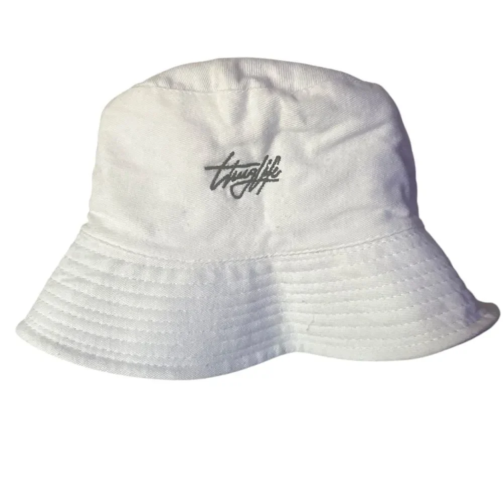 THUG LIFE white bucket hat black lettering